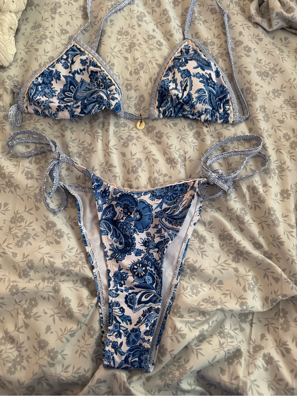 SHEIN Blue Paisley Tie-Side Triangle Bikini Set